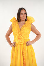 ഗാലറി വ്യൂവറിലേക്ക് ചിത്രം ലോഡ് ചെയ്യുക, Symona tulle floral ruffled deep v- neckline sleeveless maxi dress with floral adjustable belt