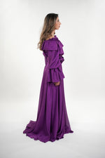 ഗാലറി വ്യൂവറിലേക്ക് ചിത്രം ലോഡ് ചെയ്യുക, Vivian ruffled off- shoulder full sleeved maxi dress with adjustable floral appliquéd belt