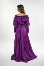 ഗാലറി വ്യൂവറിലേക്ക് ചിത്രം ലോഡ് ചെയ്യുക, Vivian ruffled off- shoulder full sleeved maxi dress with adjustable floral appliquéd belt