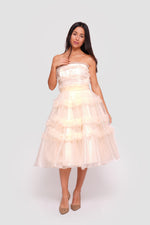Load image into Gallery viewer, Mira Light Champagne Gold Tulle With Glitter Corset Midi Dress