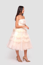 Load image into Gallery viewer, Mira Light Champagne Gold Tulle With Glitter Corset Midi Dress