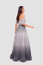 Load image into Gallery viewer, Harley Metallic Silver To Charcoal Ombre Off-shoulder Maxi Dress