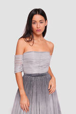 Load image into Gallery viewer, Harley Metallic Silver To Charcoal Ombre Off-shoulder Maxi Dress