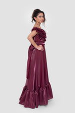 Load image into Gallery viewer, Elham Deep Plum Organza Corset Maxi Dress