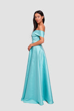 Load image into Gallery viewer, Riley Soft Cyan Taffeta Off-shoulder Corset Maxi Dress
