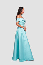 Load image into Gallery viewer, Riley Soft Cyan Taffeta Off-shoulder Corset Maxi Dress