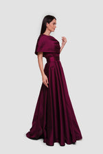 Load image into Gallery viewer, Aryana Deep Wine Taffeta Asymmetrical Draped Maxi Dress