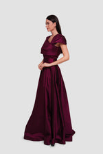 Load image into Gallery viewer, Aryana Deep Wine Taffeta Asymmetrical Draped Maxi Dress