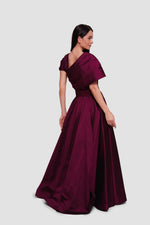 Load image into Gallery viewer, Aryana Deep Wine Taffeta Asymmetrical Draped Maxi Dress