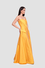 Load image into Gallery viewer, Alarina Yellow Mustard Taffeta Double Breasted Lapel-style Maxi Dress