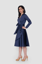 Load image into Gallery viewer, Avaleen Deep Navy Taffeta Wrap-Style Midi Dress With Collar