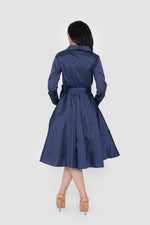 Load image into Gallery viewer, Avaleen Deep Navy Taffeta Wrap-Style Midi Dress With Collar