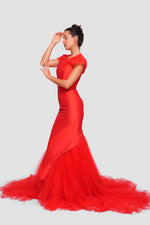 Load image into Gallery viewer, Jennifer Red Satin And Tulle Bustier Mermaid Gown