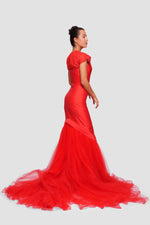 Load image into Gallery viewer, Jennifer Red Satin And Tulle Bustier Mermaid Gown