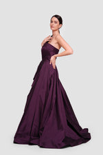 Load image into Gallery viewer, Audrey Aubergine Taffeta Corset Pleated Gown