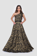 Load image into Gallery viewer, Liora Black Metallic Jacquard One-Shoulder Gown