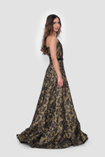 Load image into Gallery viewer, Liora Black Metallic Jacquard One-Shoulder Gown