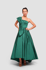 Load image into Gallery viewer, Layal Deep Green Taffeta Maxi Dress With Bow Detail