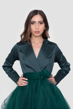 Load image into Gallery viewer, Solyn Forest Green Gown With Blazer-Style Bodice And Layered Tulle Skirt