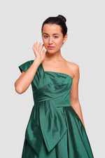 Load image into Gallery viewer, Layal Deep Green Taffeta Maxi Dress With Bow Detail