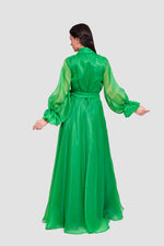 Load image into Gallery viewer, Arabella Emerald Green Silk Organza Wrap-style Maxi Dress With Long Sleeves