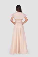Load image into Gallery viewer, Yasmine Champagne V-neck Maxi Dress With Sculptural Shoulders