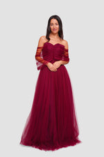 Load image into Gallery viewer, Alice Deep Ruby Red Tulle Corset Maxi Dress