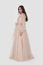 Load image into Gallery viewer, Zulaika Champagne Beige Surplice Neckline Gown With Ruffled Details