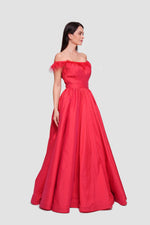 Load image into Gallery viewer, Angy Red Taffeta Off-shoulder Pleated Maxi Dress With Feather Trim