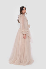 Load image into Gallery viewer, Zulaika Champagne Beige Surplice Neckline Gown With Ruffled Details