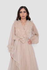 Load image into Gallery viewer, Zulaika Champagne Beige Surplice Neckline Gown With Ruffled Details