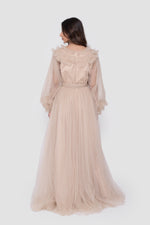 Load image into Gallery viewer, Zulaika Champagne Beige Surplice Neckline Gown With Ruffled Details