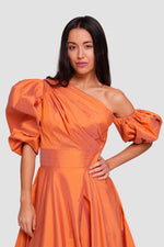 Load image into Gallery viewer, Zara Burnt Orange Taffeta Asymmetrical Pleated Bodice With Puff Sleeves Gown