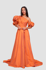 Load image into Gallery viewer, Zara Burnt Orange Taffeta Asymmetrical Pleated Bodice With Puff Sleeves Gown