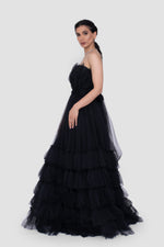 Load image into Gallery viewer, Anastasia Black Tulle Strapless Gown With Structured Sheer Tulle Detail