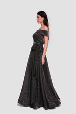 Load image into Gallery viewer, Kim Black And Silver Accents Off-shoulder Corset Maxi Dress