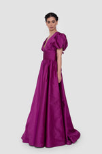 Load image into Gallery viewer, Thalia Rich Violet Taffeta V-Neckline Gown With Short Puff Sleeves