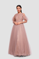 Load image into Gallery viewer, Madison Taupe Beige Tulle Off-shoulder Puff Tulle Sleeves Maxi Dress