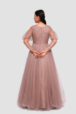 Load image into Gallery viewer, Madison Taupe Beige Tulle Off-shoulder Puff Tulle Sleeves Maxi Dress