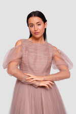 Load image into Gallery viewer, Madison Taupe Beige Tulle Off-shoulder Puff Tulle Sleeves Maxi Dress