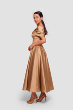 Load image into Gallery viewer, Melanie Golden Mustard Corset Maxi Dress With Pleated Bow Bodice