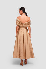 Load image into Gallery viewer, Melanie Golden Mustard Corset Maxi Dress With Pleated Bow Bodice