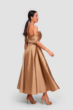 Load image into Gallery viewer, Melanie Golden Mustard Corset Maxi Dress With Pleated Bow Bodice