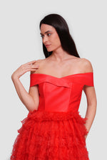 Load image into Gallery viewer, Riley Red Satin And Organza Sweetheart Neckline Corset Maxi Dress