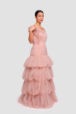 Load image into Gallery viewer, Sam Rosewood Tulle One-shoulder Ruffled Maxi Dress