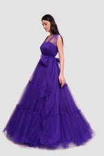 Load image into Gallery viewer, Tyara Vibrant Royal Purple Tulle Corset Maxi Dress With Sheer Shoulder Straps
