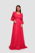 Load image into Gallery viewer, Sally Crimson Red Shimmer Georgette Gathered Maxi Dress With Long Sleeves