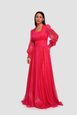 Load image into Gallery viewer, Sally Crimson Red Shimmer Georgette Gathered Maxi Dress With Long Sleeves