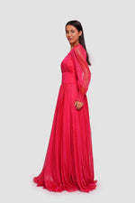 Load image into Gallery viewer, Sally Crimson Red Shimmer Georgette Gathered Maxi Dress With Long Sleeves