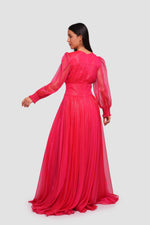 Load image into Gallery viewer, Sally Crimson Red Shimmer Georgette Gathered Maxi Dress With Long Sleeves